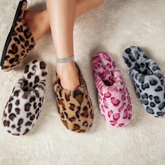 ⚡Women's Cheetah Pink Fuzzy Scuff Slippers Soft Comfy Memory Foam Non Slip